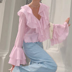 Women's French Ruffle Collar Bell Sleeve Blouse