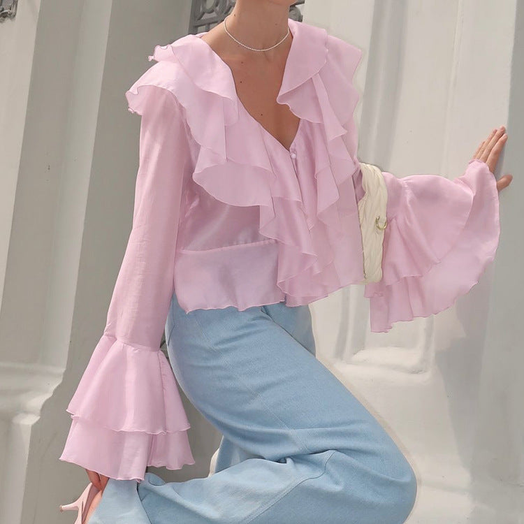 Women's French Ruffle Collar Bell Sleeve Blouse
