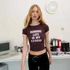 Women’s Brown English Graphic Slim Fit T Shirt