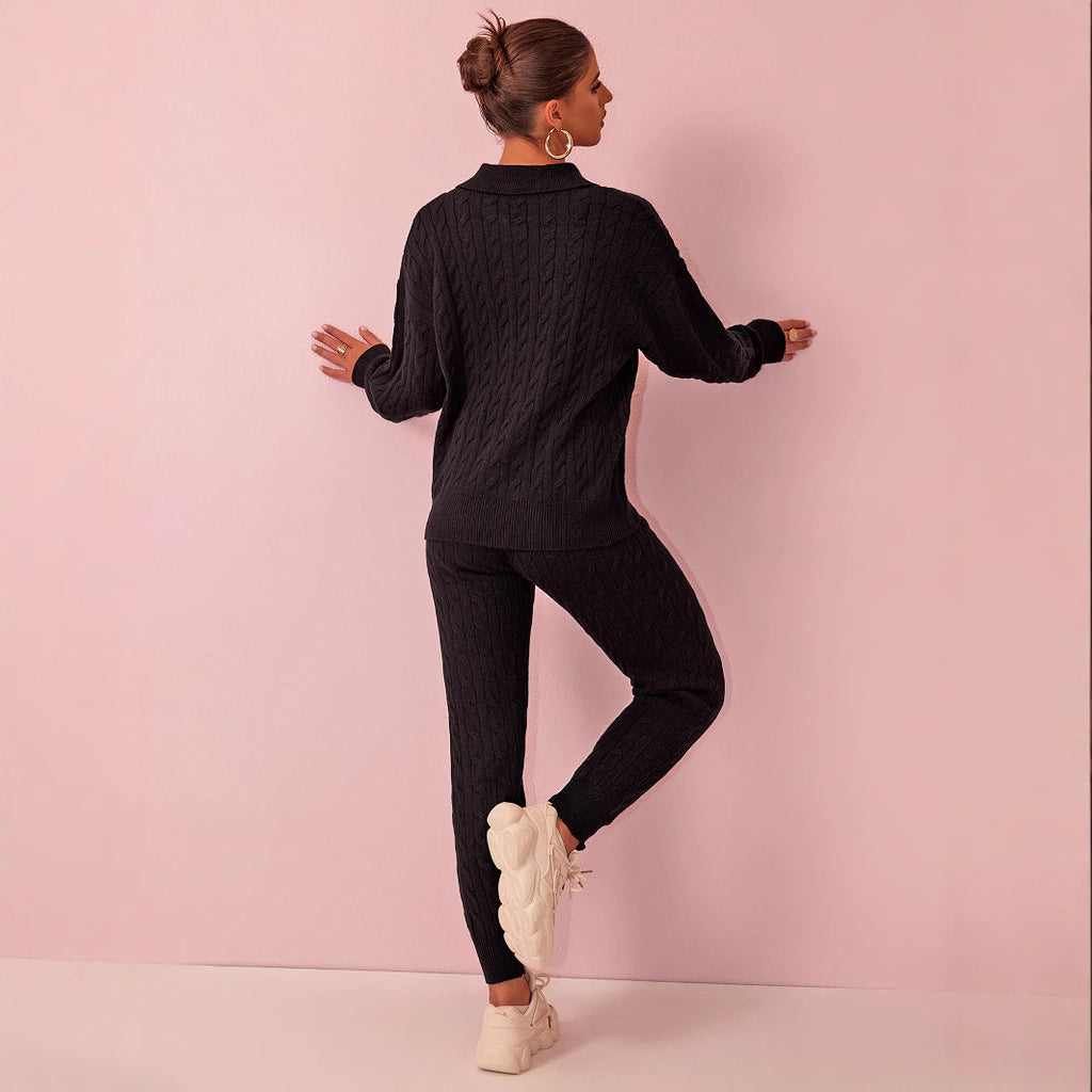 Autumn Winter Solid Color Sweater Trousers Knitted Two Piece