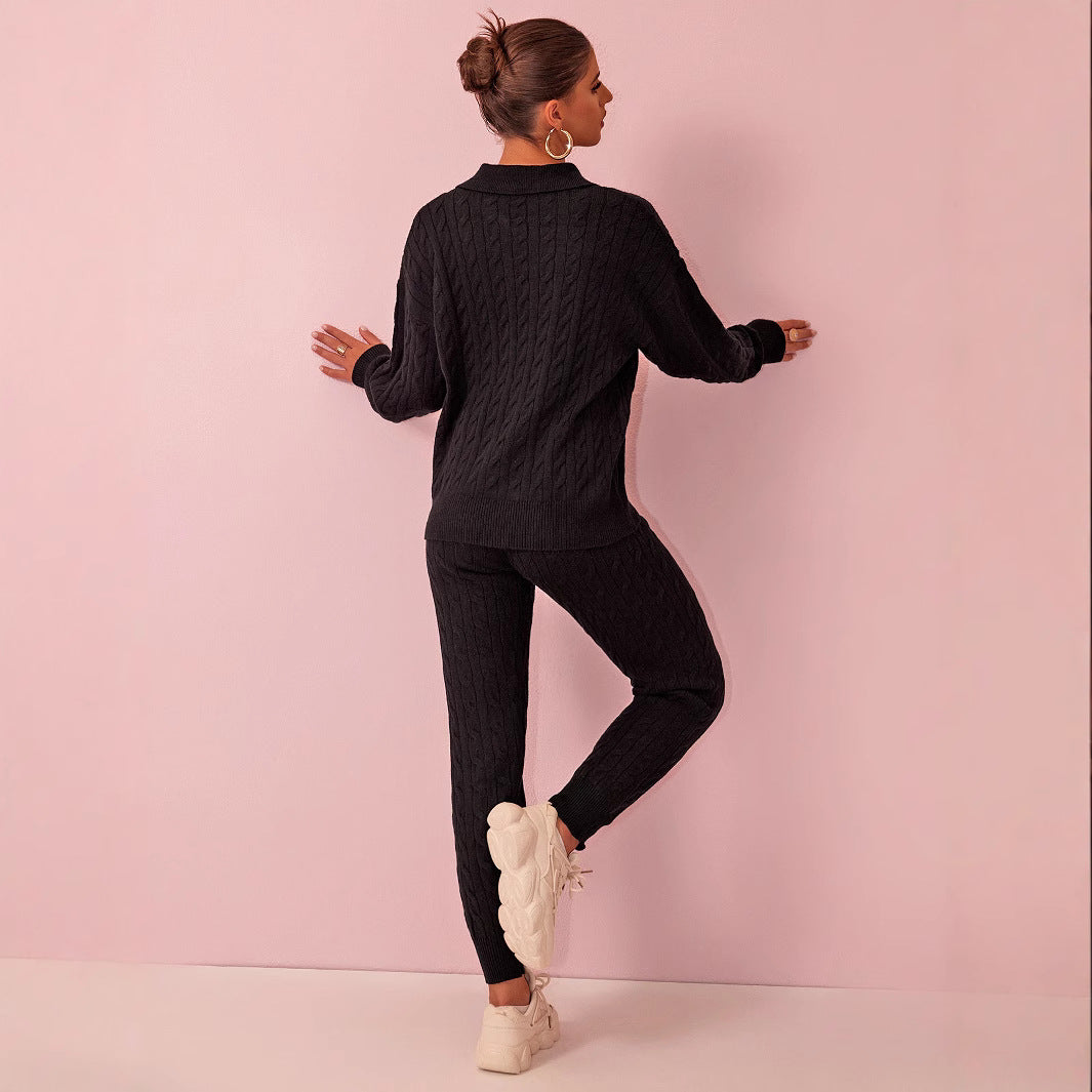 Autumn Winter Solid Color Sweater Trousers Knitted Two Piece