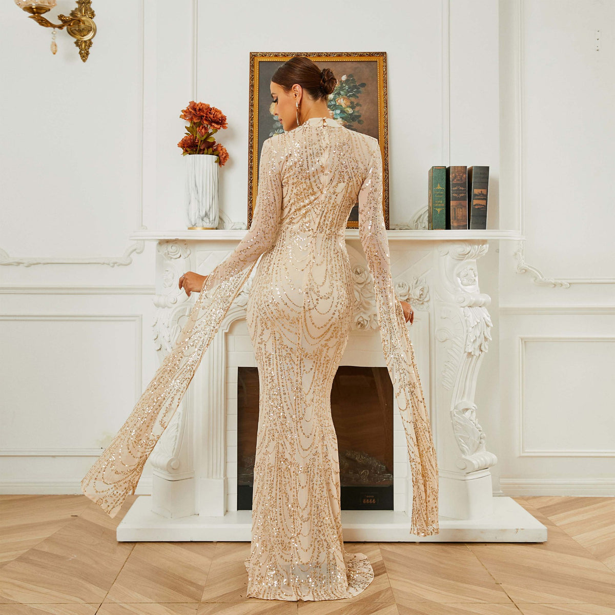 Women's High End Long Sequined Long Sleeve Round Neck Cocktail Dress
