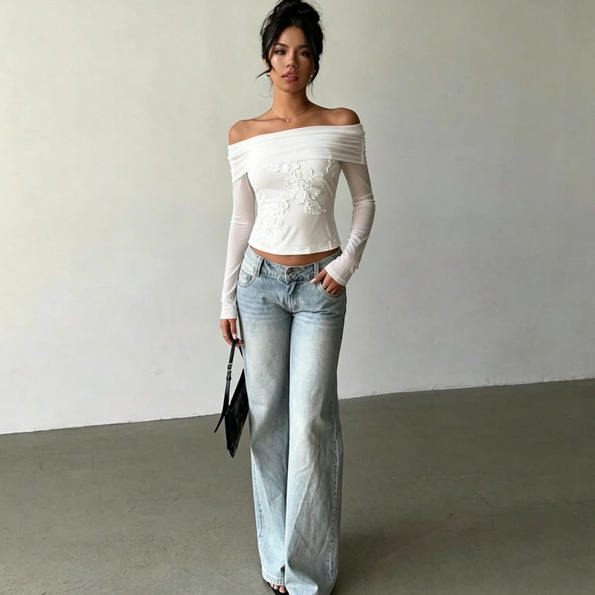 Women's Embroidered Off-Shoulder Knit Top