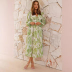 Chiffon Printed Long Sleeve Long V-Neck Tulle Floral Long Dress