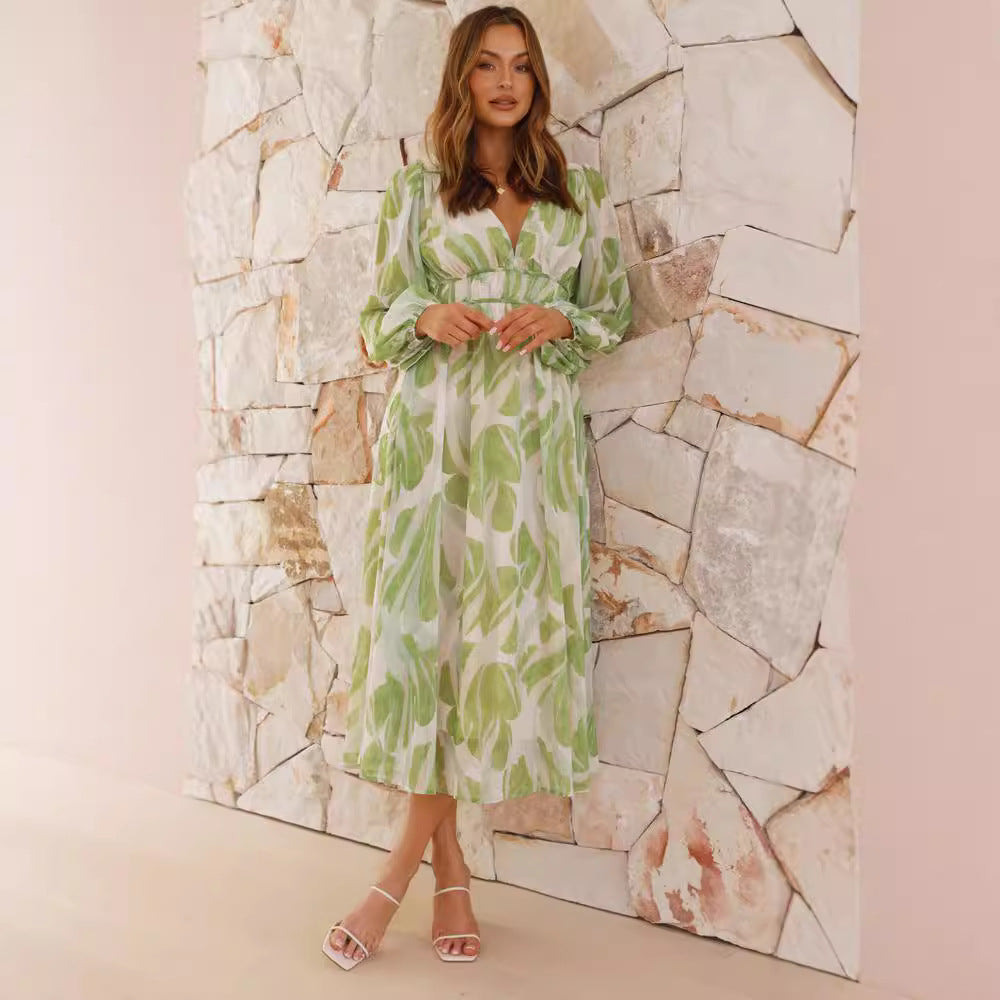 Chiffon Printed Long Sleeve Long V-Neck Tulle Floral Long Dress