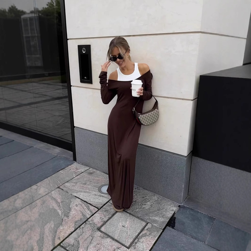 Women's Long Sleeve Stitching Faux Two Piece Vest Dress