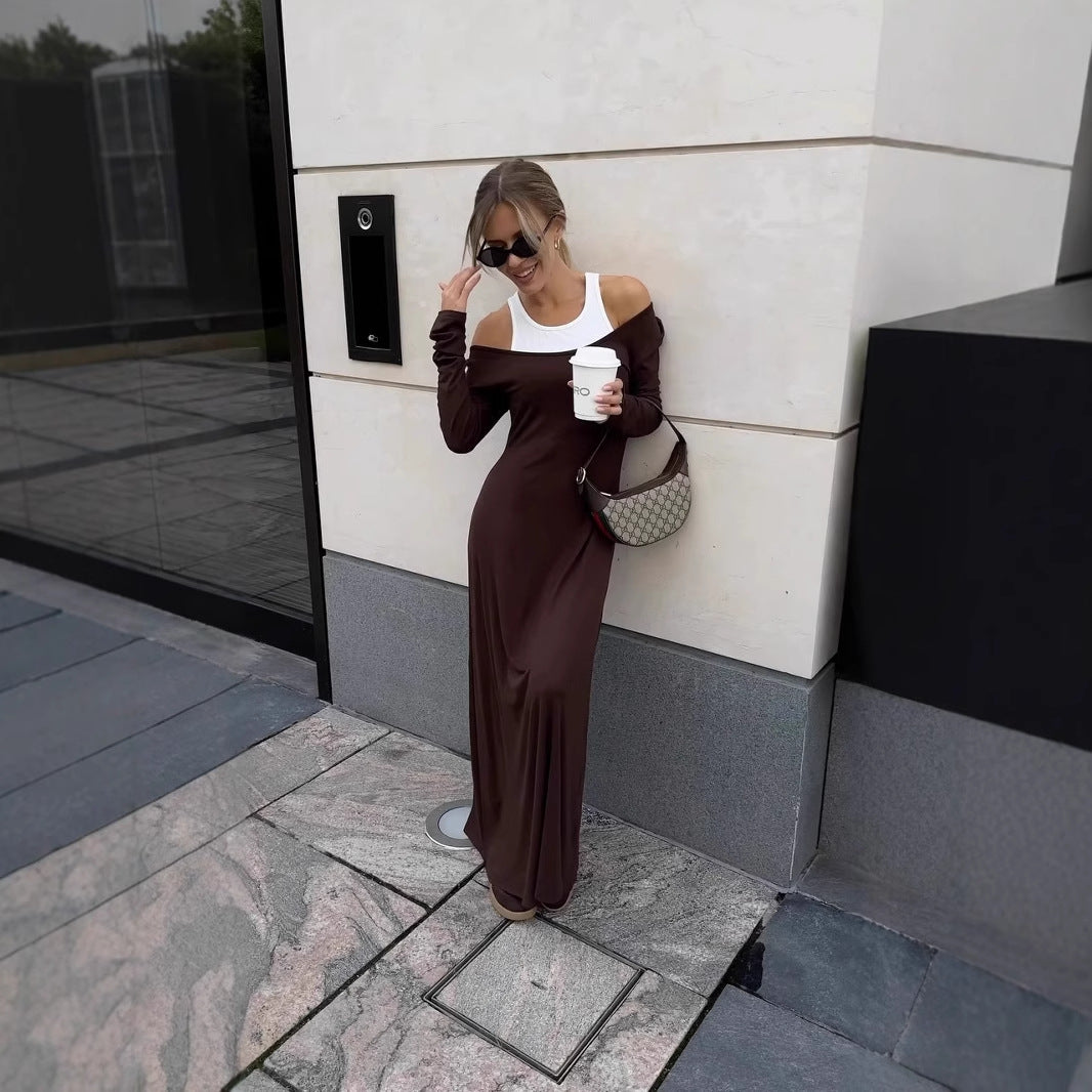 Women's Long Sleeve Stitching Faux Two Piece Vest Dress