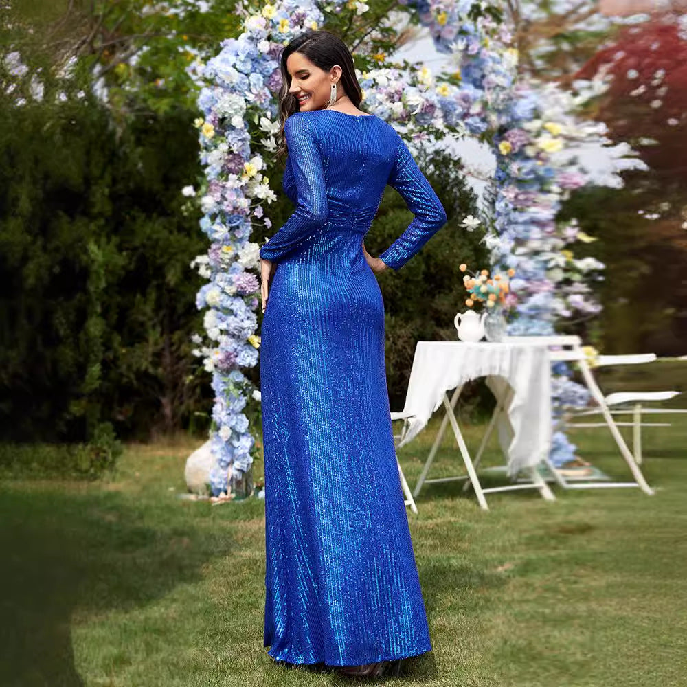 Women's Multi Color Long Sleeve V Neck Fishtail Cocktail Evening Dress