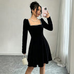 Women's Vintage Velvet Pearl-Trim Mini Dress