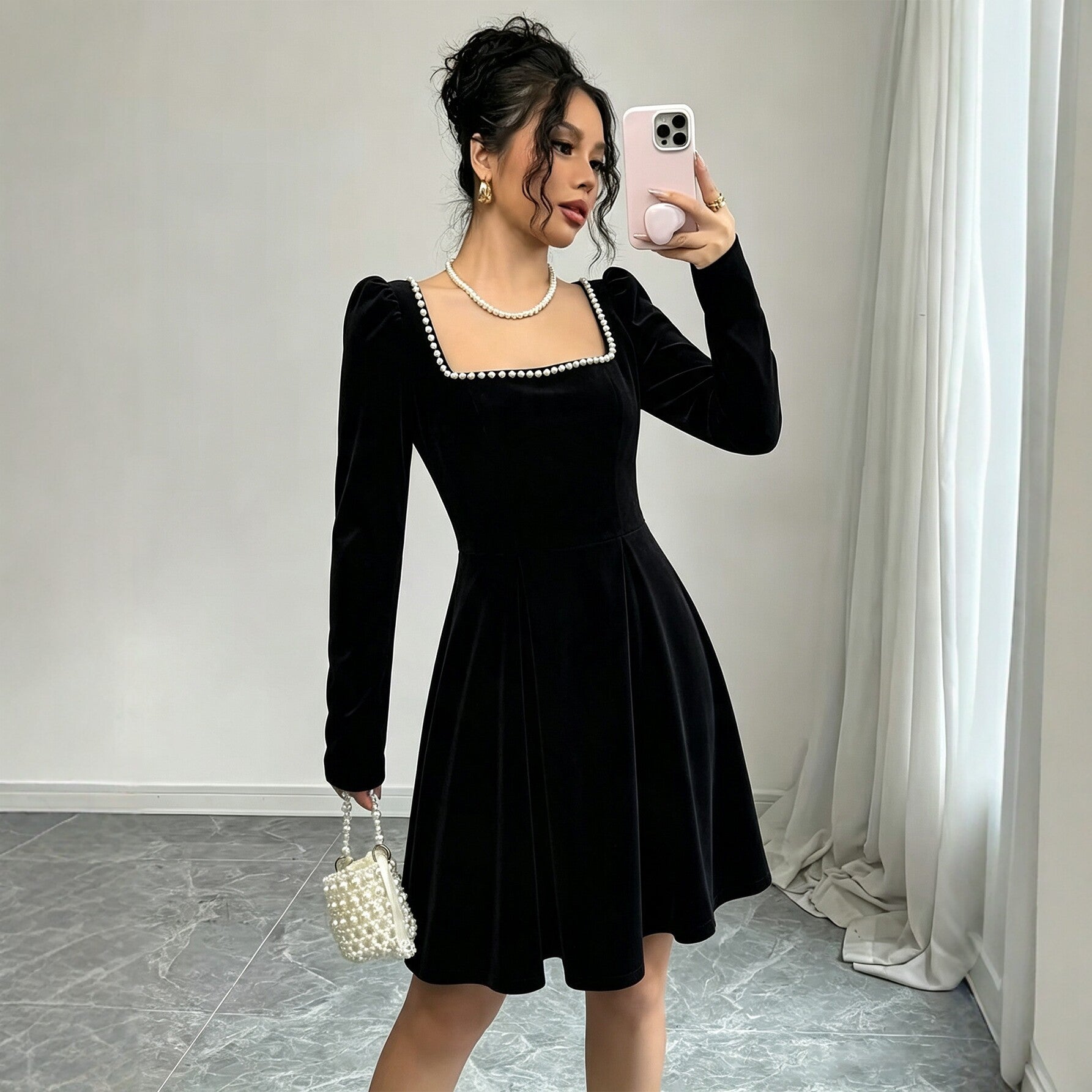 Women's Vintage Velvet Pearl-Trim Mini Dress
