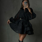 Black Rhinestone Collared Tiered Dress