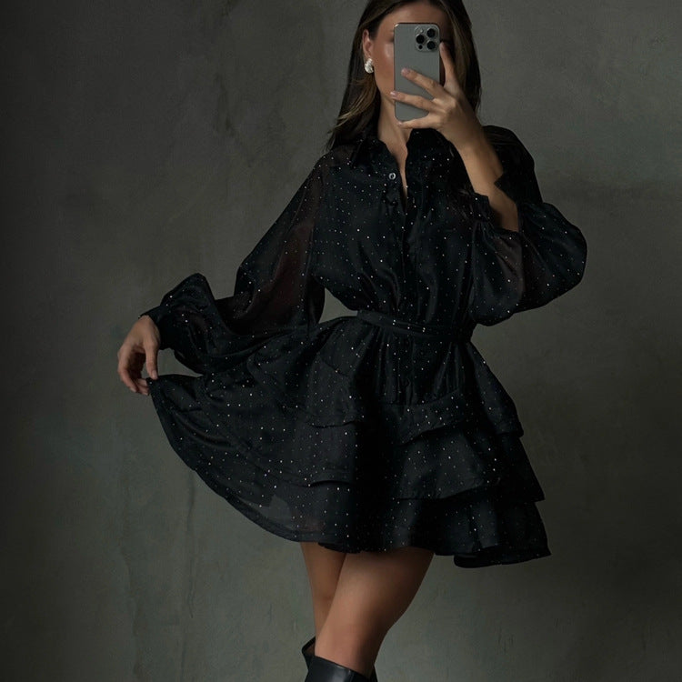Black Rhinestone Collared Tiered Dress