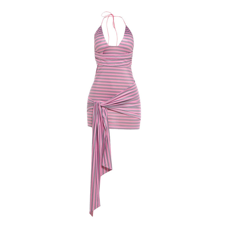 Backless pink and purple striped halter mini dress with open back and tie
