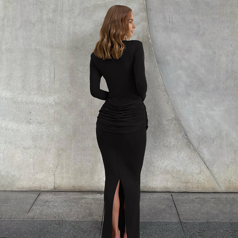 Women's Women Clothing Autumn Winter Slim Round Neck Solid Color Fold Split Long Sleeve Elegant Dress For Women