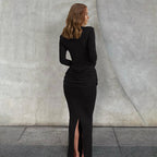 Women's Women Clothing Autumn Winter Slim Round Neck Solid Color Fold Split Long Sleeve Elegant Dress For Women