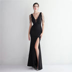 Women's Satin Beaded Long Banquet Slim Fit Evening Dress Elegant Long