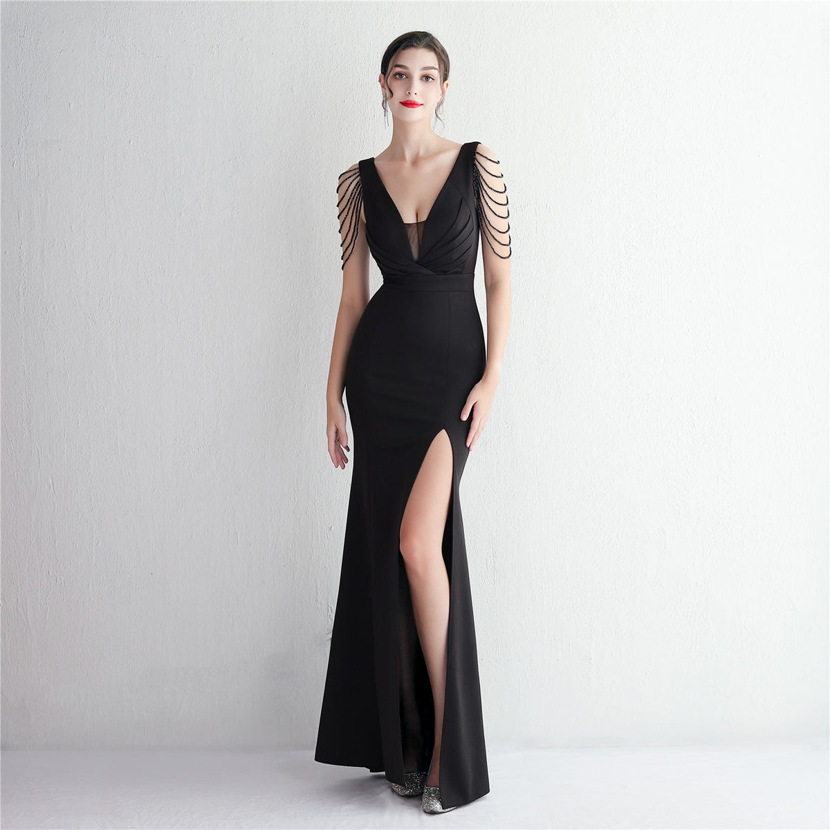 Women's Satin Beaded Long Banquet Slim Fit Evening Dress Elegant Long