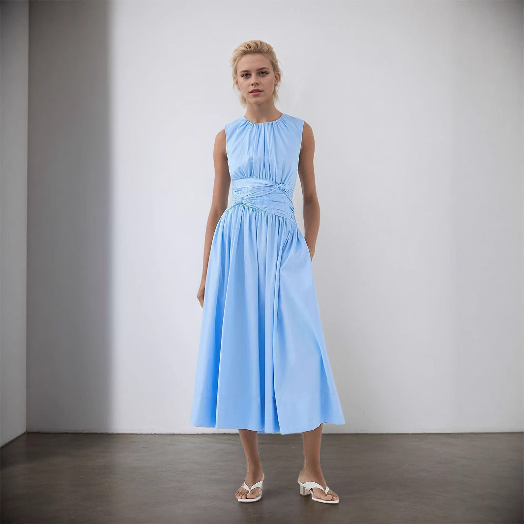 Women's Elegant Blues Round Neck Pleated Pocket Wide Swing Ladies Dress