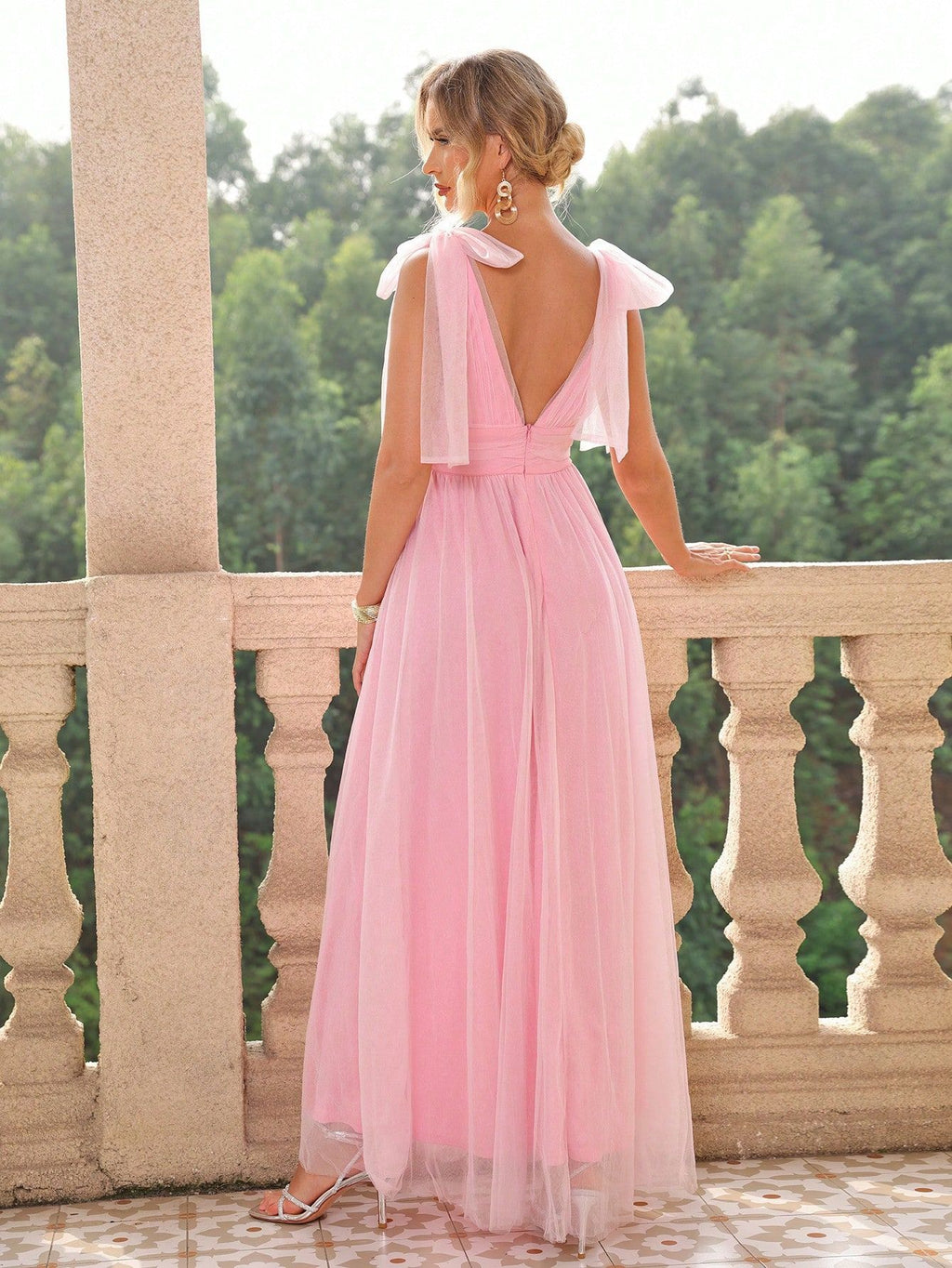 Women's Mesh Lace-Up High Slit A-Line Maxi Dress