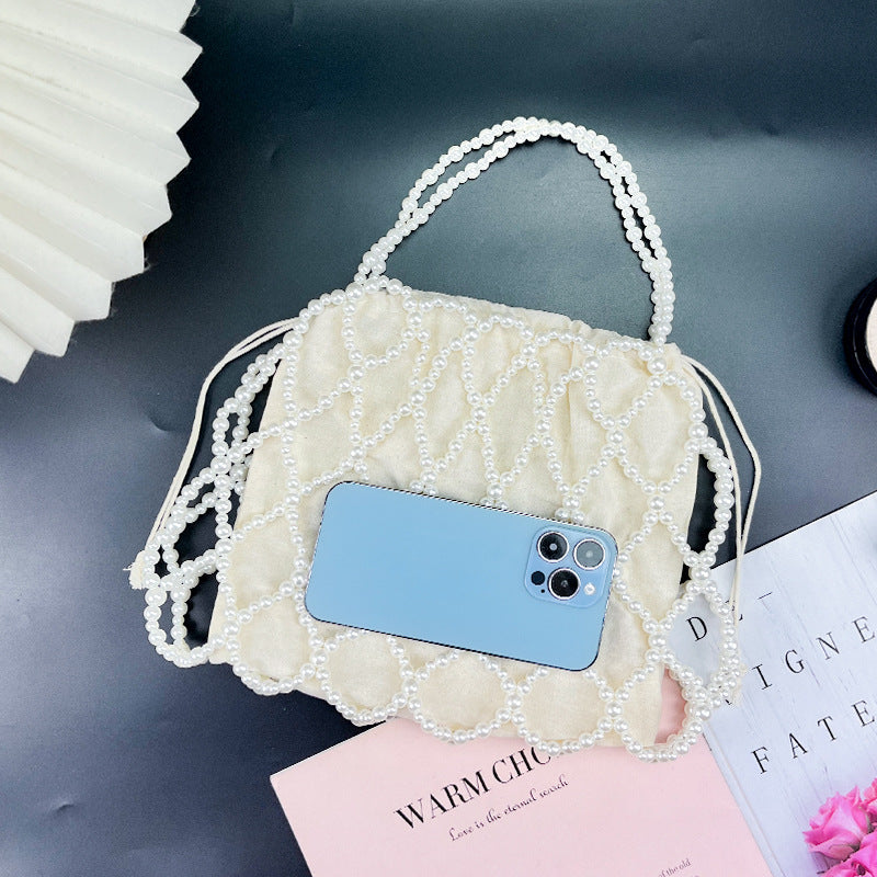 Women's French Vintage Handmade Beaded Bag All Matching Hollow Out Cutout White Imitation Pearl Acrylic Mobile Phone Bag
