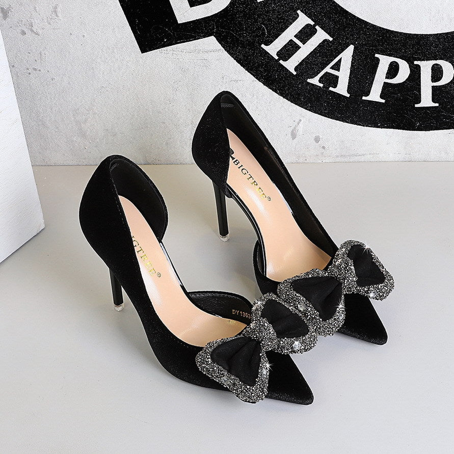 Wind Black Dignified Rhinestone Decorative Bowknot Pointed Shallow Mouth Side
