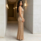 Women's Champagne Sequined V-Neck Fishtail Evening Sleeveless Slim Fit