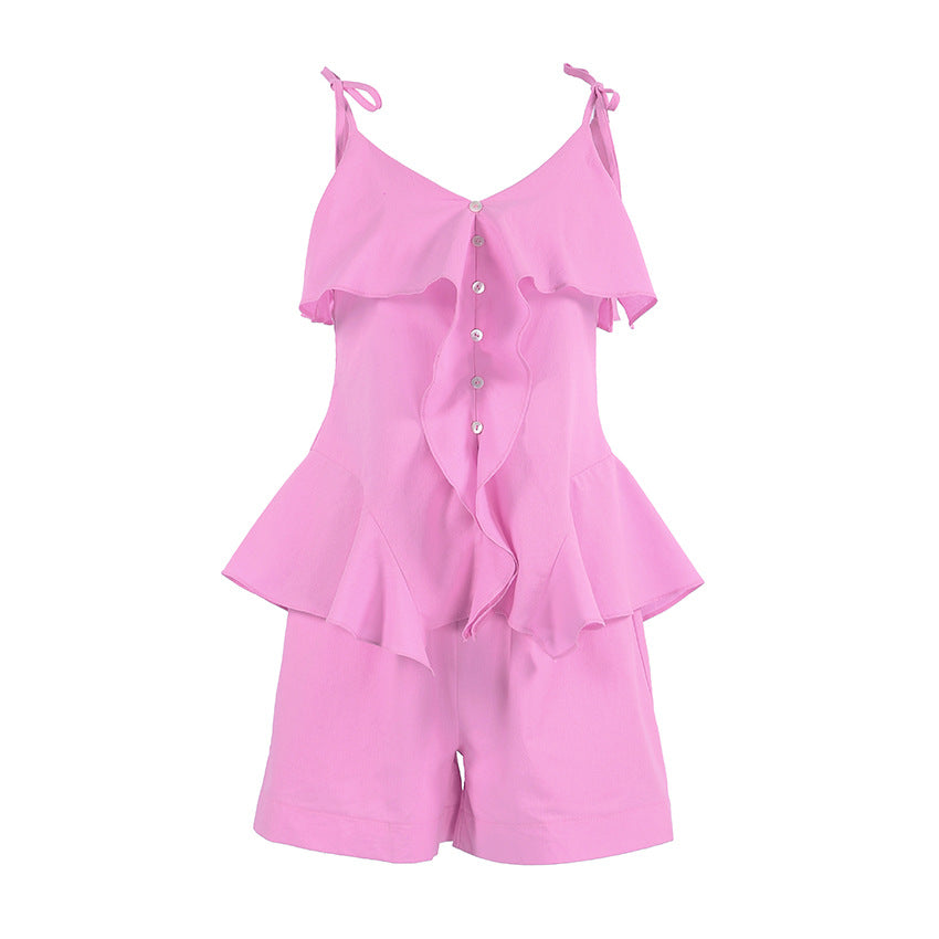 Summer Pink Cotton Women Fresh Gentle Ruffled Spaghetti Straps Vest Shorts Two Piece Set