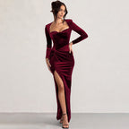 Women's Slit Square Collar Dress Velvet Pleated Dress