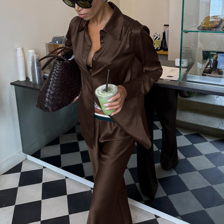 Women Clothing Shirt Outfit Polo Collar Long Sleeve Cardigan Top Wide Leg Pants Casual Two Piece Set