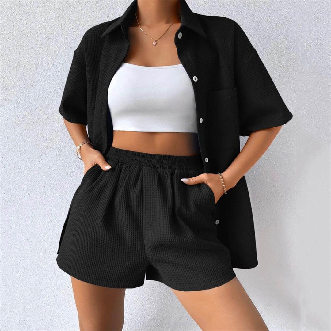 Women's Summer Suit Loose Casual Short-Sleeve Shirt Elastic Waist Shorts Two-Piece Set