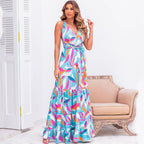 Summer Slim Fit Printed Dress Cinched Midi Office Backless Slip