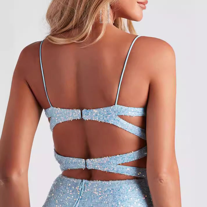 Women's Flashing Sequ Sling Mini Dress Hip Bag Slim Fit Backless Tube Top Short