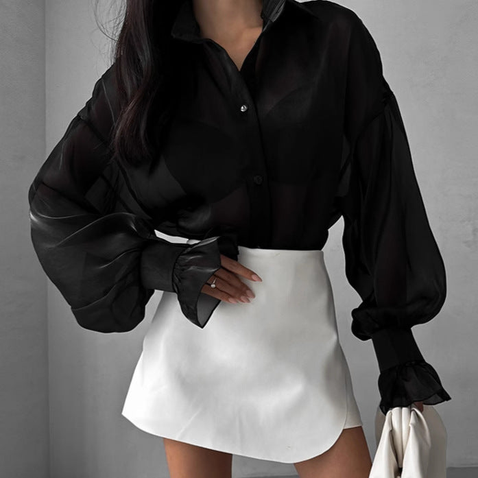Women's White Sheer Ruffle Sleeve Shirt