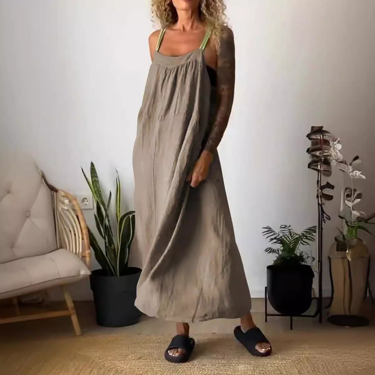 Popular Summer Casual Cotton Linen Suspender Dress