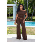 Women Clothing Sources Shoulder Baring Asymmetric Pleating Wide Leg Pants Two Piece Sets