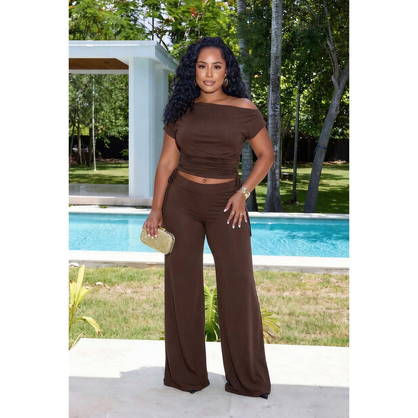 Women Clothing Sources Shoulder Baring Asymmetric Pleating Wide Leg Pants Two Piece Sets