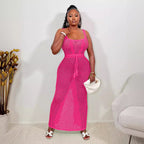 Rose-pink lace maxi dress with square neckline, tie waist, and sleeveless eyelet pattern