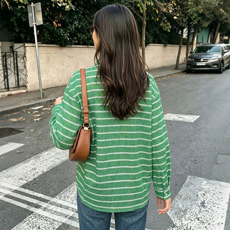 Women's Casual Fresh Air Polo Collar Stripes Shirt For Women