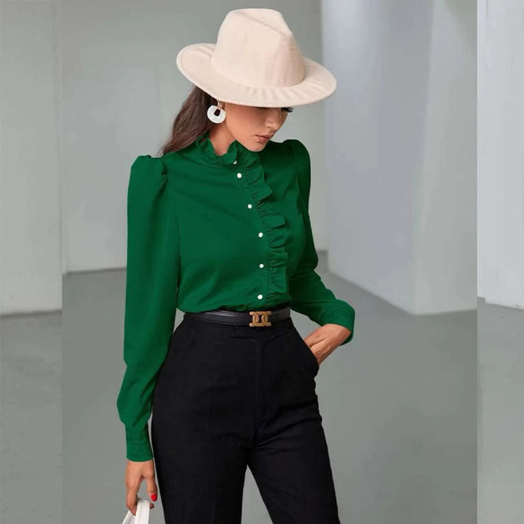 Women's Satin Ruffle Stand-Collar Blouse