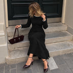 Contrast Color Round Neck Sunken Stripe Medium Long Dress