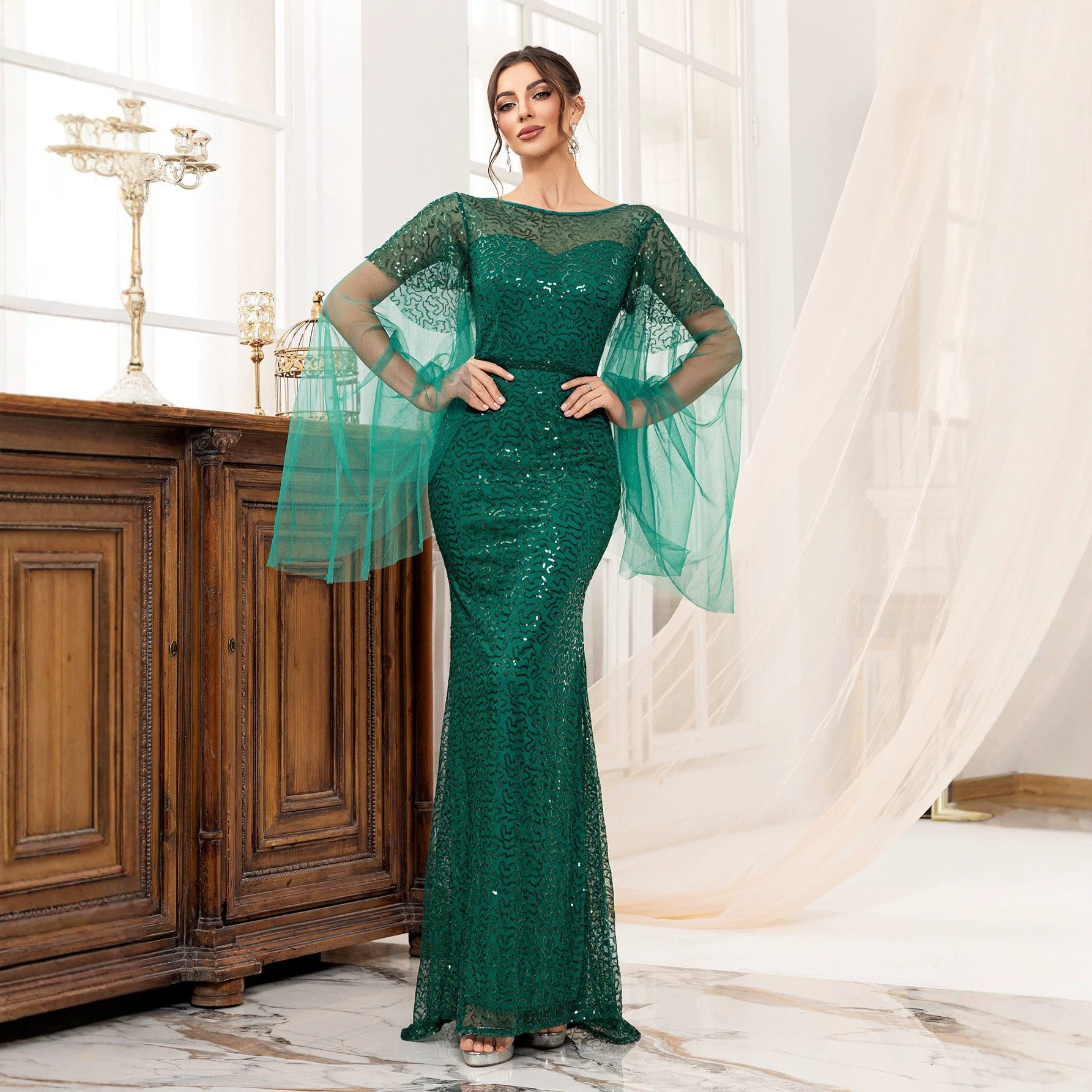 Women's Sequin Long-Sleeve Evening Maxi Dress