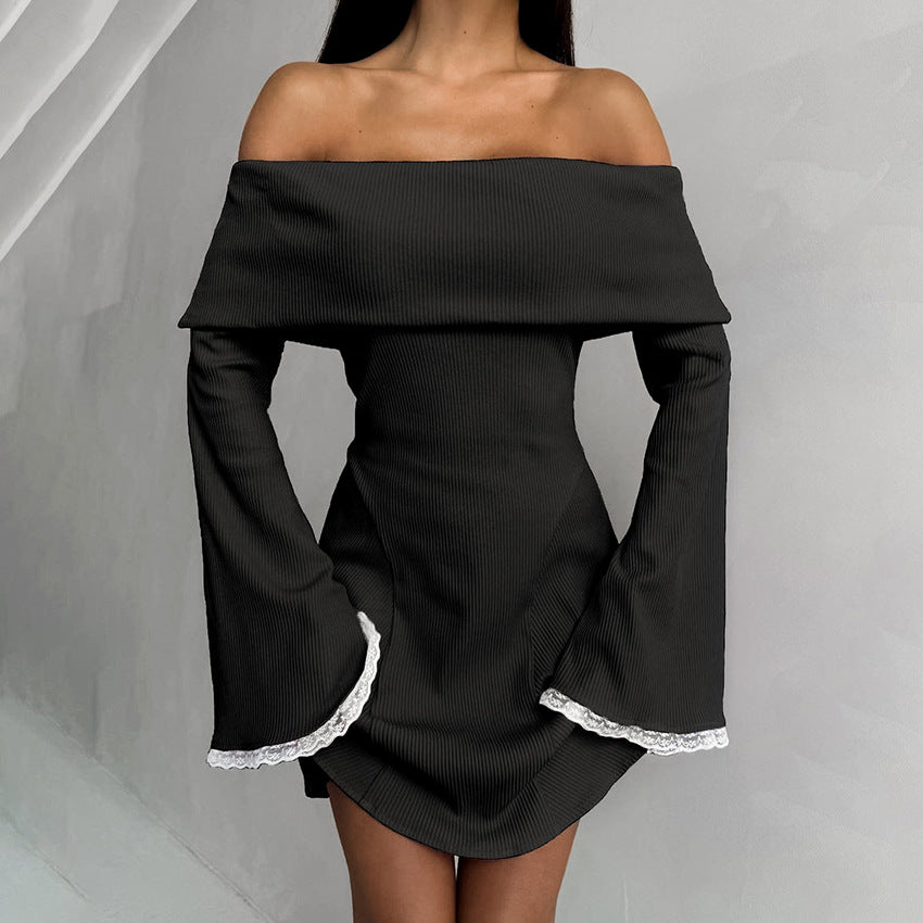 Pink Off-Shoulder Flare-Sleeve Knit Mini Dress
