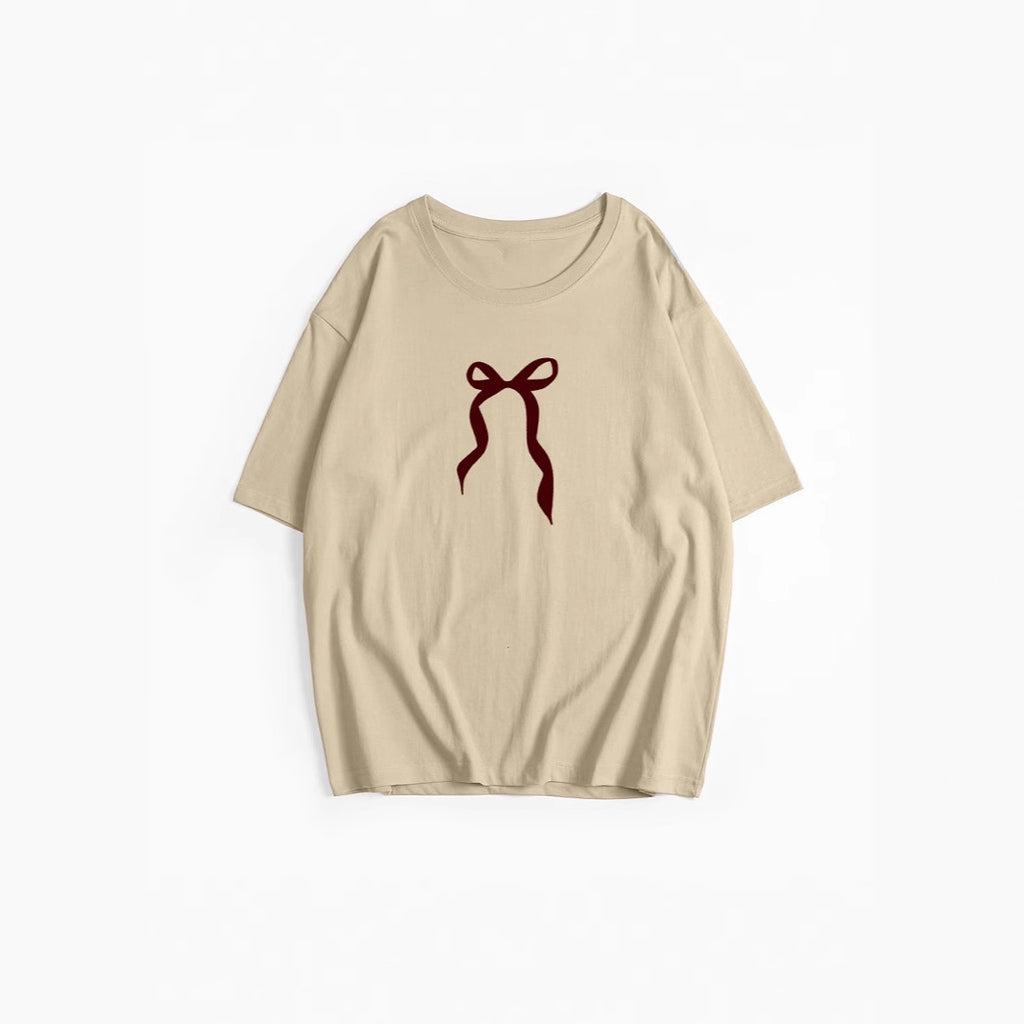 Women's Retro Simplicity Bowknot Printed T Shirt Women Summer Loose Round Neck Cotton Short Sleeve