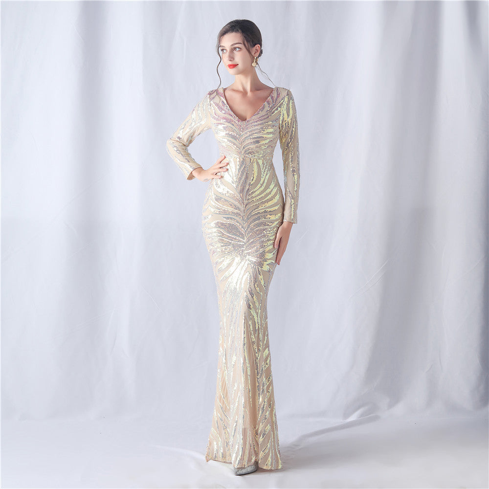 Women's Floral Cutting Magic Color Sequin Wedding Long Sleeve Dress