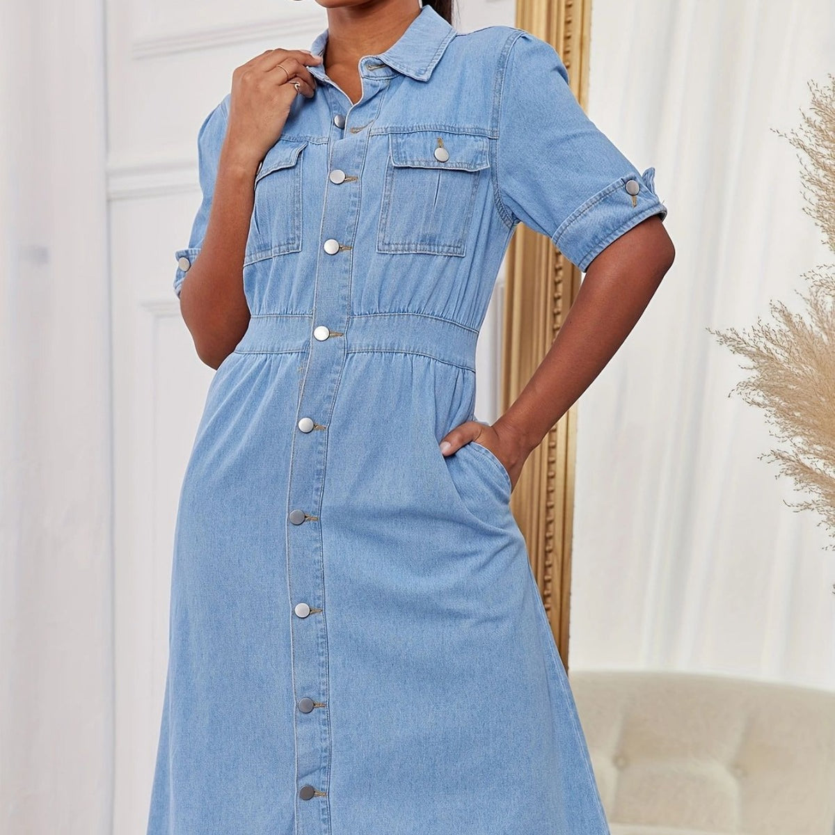 Button-Front Denim A-Line Dress