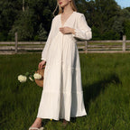 Cotton Champray V Neck Long Sleeve Dress