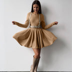 Crew-Neck Long-Sleeve Knit A-Line Mini Dress