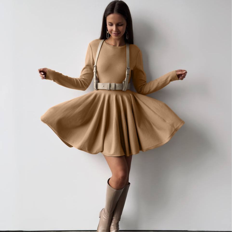 Crew-Neck Long-Sleeve Knit A-Line Mini Dress