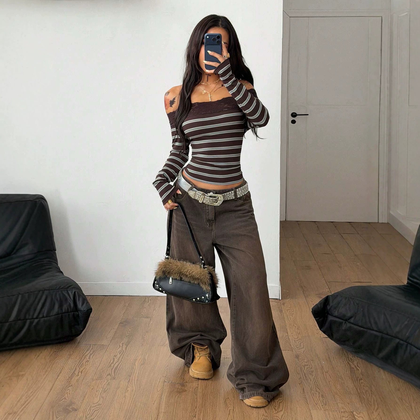Striped Sexy off Shoulder Lace Stitching Long Sleeve off