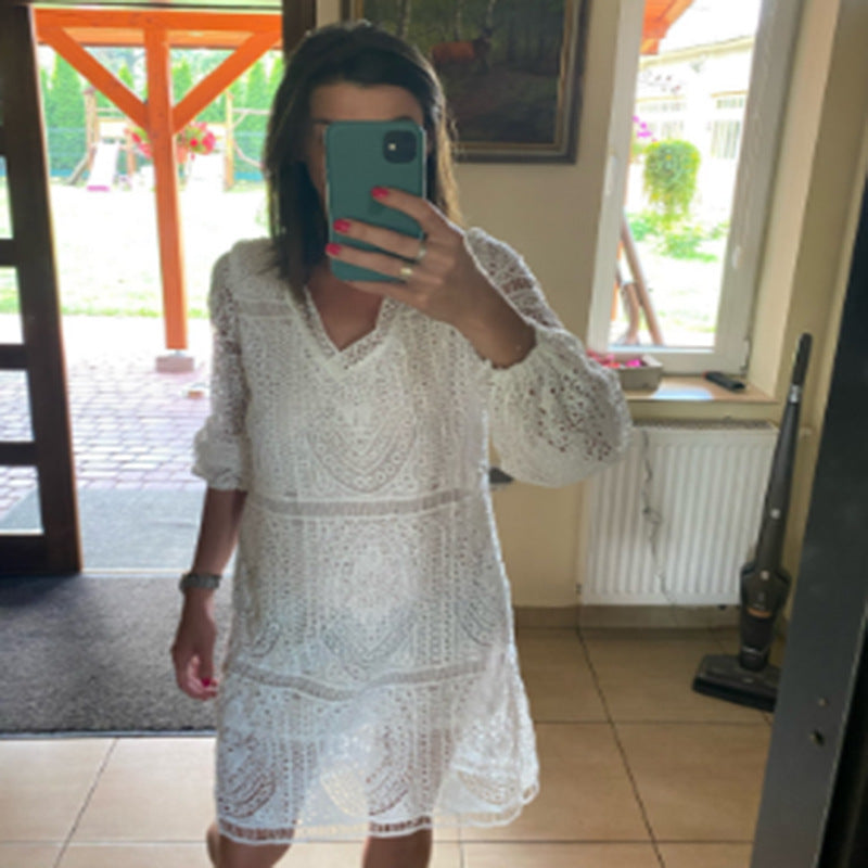 Lace V-Neck Long Sleeve Beach Mini Dress